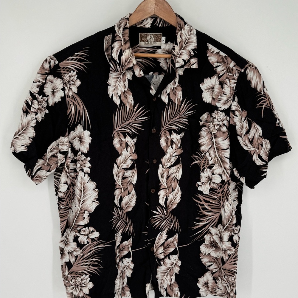 VTG Kalaheo Men’s Sz XL Black Floral Hawaiian Rayon Short Sleeve Button Up F1
